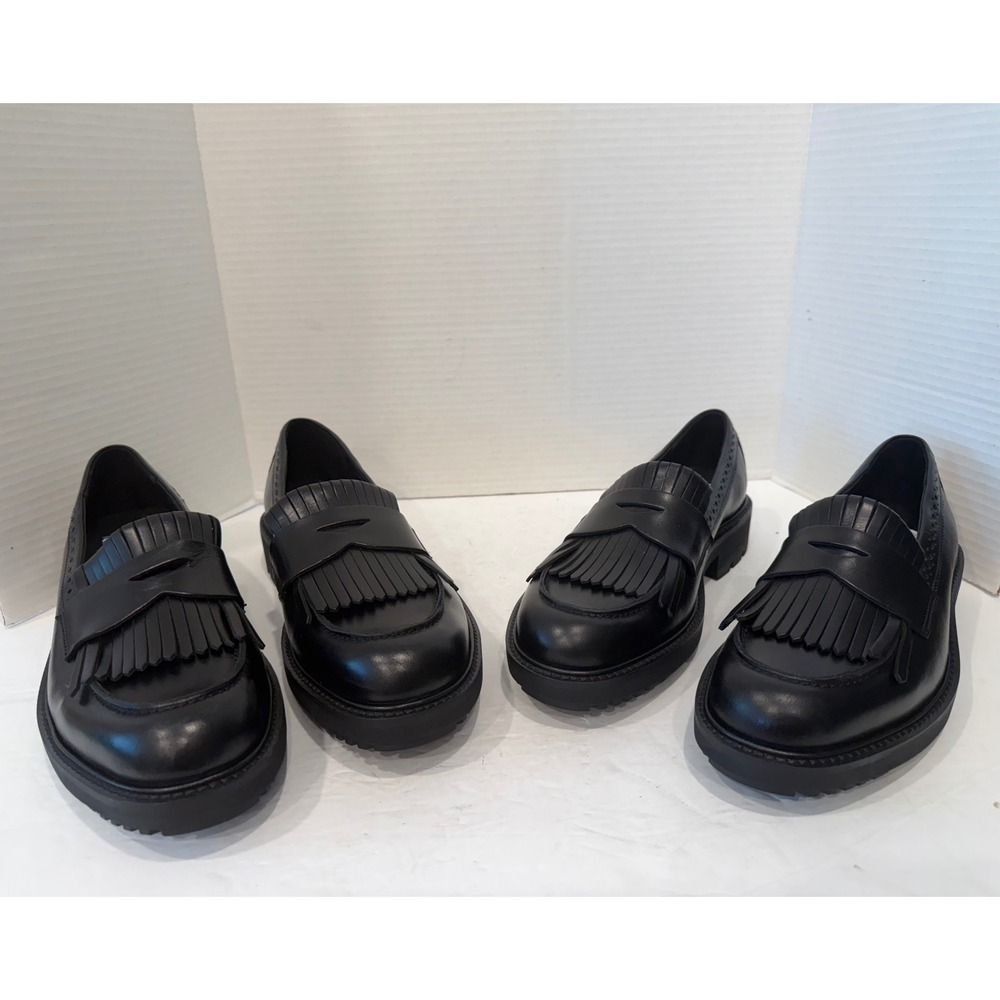 ECCO New Preppy Black Leather Lug Sole Kiltie Penny Loafer Slip On Shoes